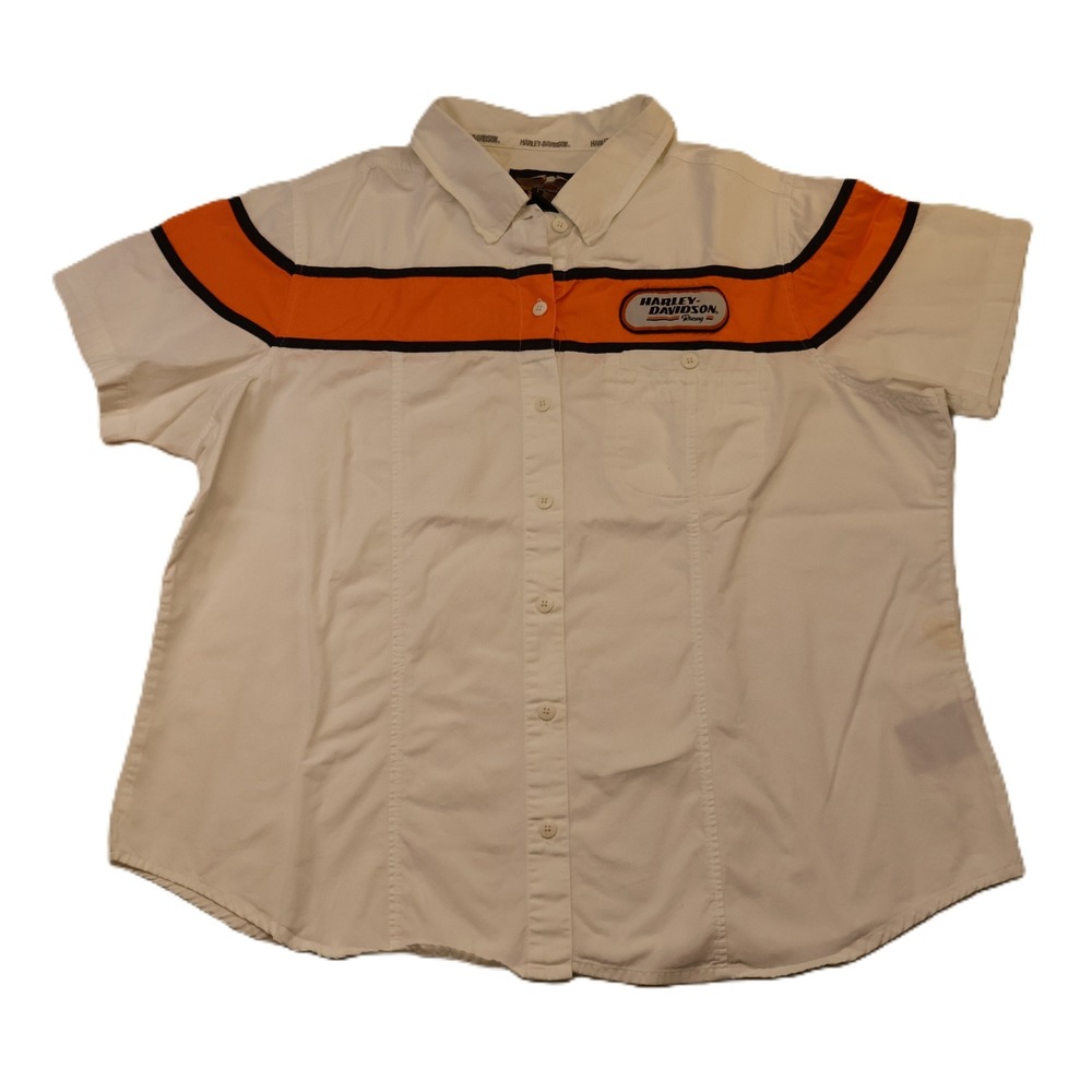 Harley-Davidson Women 2W Button Down Shirt White Racing Stripe Embroidered